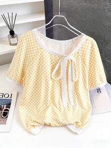 SHEIN Ladiora Women's Yellow Plaid T-Shirt With Bow Collar Design, Regular Fit Casual Commuter Style For Outings, Gatherings, Daily Wear, Spring/Summer - Multicolor - View 1