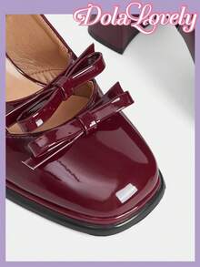 Dola Lovely Glossy Wine Red Thick Heel Double Bow Tie Backstrap Open Toe High Heel Shoes, Suitable For JK Uniform, Commute, Daily, Campus Fashion, Versatile, Lolita Style Fairycore - Red - View 4