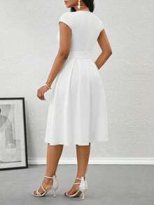 SHEIN Lady Women's Solid Color V-Neck Wrap Elegant Short Sleeve Mid-Length Dress,Summer Dresses For Women - White - View 2