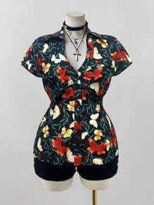 Sunspun Plus Size Plaid Short Sleeve Cinched Casual Shirt - Multicolor - View 3