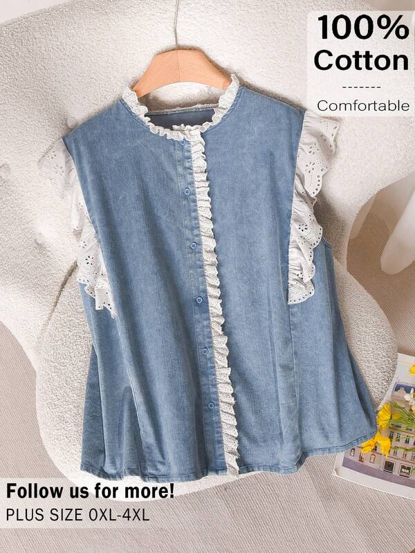 CosyJoli Plus Size Women Casual Tops, Lace Trim Blouse, Washed Snow Flake Blouse, Blue Washed Blouse, Spring/Summer Casual Women Clothing