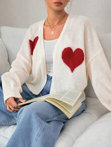 Ritzy Row 早春新款情人节浪漫气息宽松休闲百搭红色爱心提花图案长袖V领女士针织开衫 - 彩色 - 查看 6
