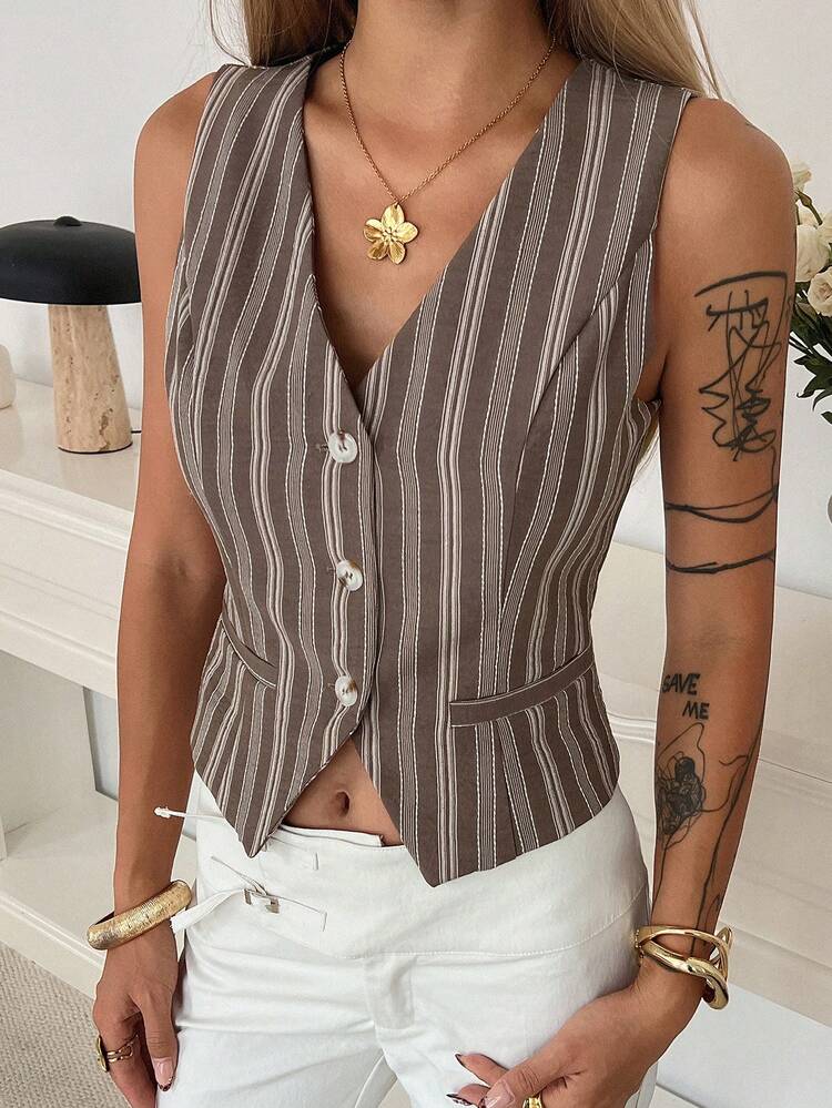 Women's V-Neck Sleeveless Open Front Striped Casual Blazer Jacket