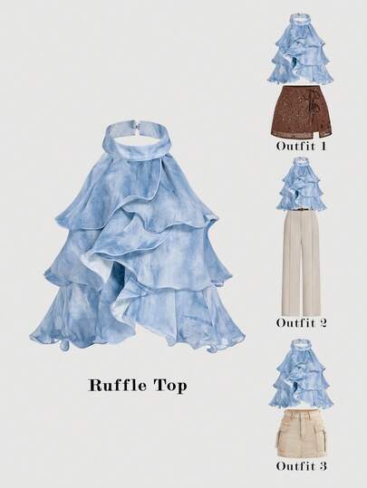 SHEIN MOD Top élégant à col volant et teinture tie-dye pour femmes, top bleu à volants pour l'été