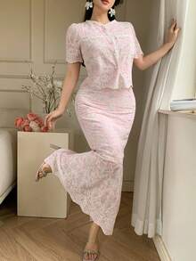 DAZY 2pcs/Set Women Casual Round Neck Short Sleeve Cardigan Top And Long Skirt, Elegant Lady Outfit Vacation - Pink - View 3