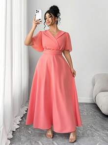 Elenzga Damen Große Größen V-Ausschnitt Geraffete Taille Patchwork Rüschenärmel Lässig Alltags Elegantes Kleid, Damen Große Größen V-Ausschnitt Kurzarm Bindegürtel Schlank Langes Kleid, Damen Große Größen Taille Eingeschnürt Schlank Midi A-Linie Kleid - Korallenrosa - Übersicht 4