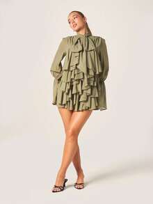 MISSGUIDED Olive Chiffon Tie Neck Ruffled Mini Dress With Volume Balloon Sleeves And Tiered Frills For Fall Winter Special Occasions - Olive Green - View 4