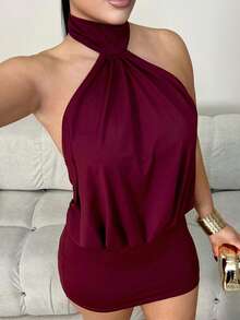 Dayanna Comas Solid Color Halter Backless Ruffle Bodycon Mini Dress Short Red Dress Dark Red Dress Red Wine Dress Burgundy Dress Party - Burgundy - View 3