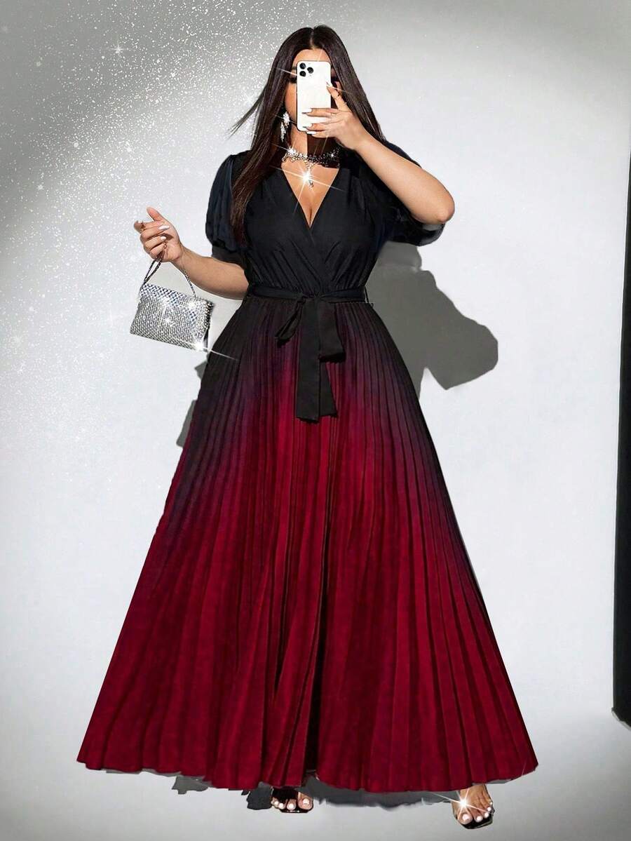 Viva Relle 大码女士优雅渐变交叉领雪纺薄纱袖系带蝴蝶结褶皱腰身派对连衣裙，百搭设计 - 彩色 - 查看 1