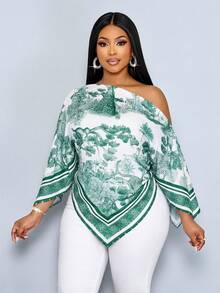 SOLERSUN Blusa de manga larga con cuello asimétrico, bajo asimétrico y estampado de color albaricoque para mujer de talla grande. Diseño con hombros oblicuos, mangas divididas y estilo suelto. Estampado vintage de puesta de sol. Versátil para uso diario, salidas y vacaciones de lujo tranquilo. - Verde Oscuro - Ver 2