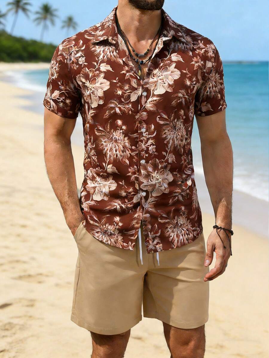 Manfinity RSRT Men's Printed Short Sleeve Shirt And Solid Color Shorts Set - Coffee Brown - View 1