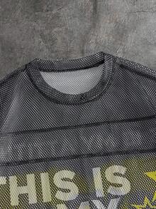 AXEPEAK 男士休闲撞色字母印花圆领短袖T恤，夏季 - 黑色 - 查看 5