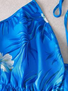 Franclia Plus Size Women Tropical Floral Print V-Neck Spaghetti Strap Tassel Maxi Dress, Suitable For Vacation, Beach - Blue - View 4