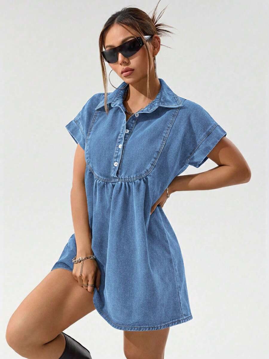 SHEIN PETITE Women's Casual Short Denim Dress ,Petite Women - Light Wash - View 1