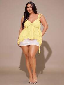 SHEIN BAE Plus Size Women Solid Color Sweetheart Collar Asymmetrical Ruffle Hem Camisole Top - Yellow - View 5