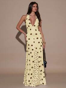 SHEIN BAE Vestido largo con escote en V, sin mangas, con cuello halter y espalda descubierta con estampado de lunares para mujer - Amarillo - Ver 3