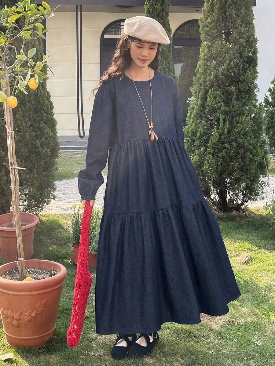 FRIFUL 女士休闲褶皱灯笼袖牛仔连衣裙，秋季 - 藍色 - 查看 1