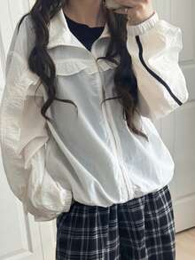 FRIFUL Chaqueta casual y versátil de mujer con pliegues y volantes en color blanco sólido - Blanco - Ver 1