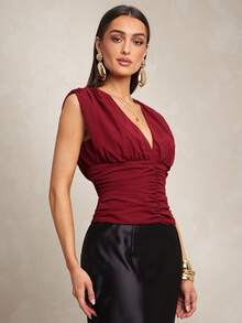 Silquee Áo kiểu nữ không tay cổ chữ V, xếp ly eo, chất liệu chiffon, thời trang, gợi cảm và thanh lịch, thích hợp cho mùa xuân/hè. - Màu Đỏ Sâu - Xem 7