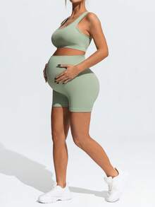 SHEIN Maternity Simple Solid Color Cross-Back Sports Bra And High-Waisted Shorts Set,Word Cup - Green - View 8