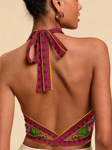 Travachic Boho Women's Deep V Neck Sleeveless Crop Top With Vibrant Plant Pattern And Front Knot - White - View 2