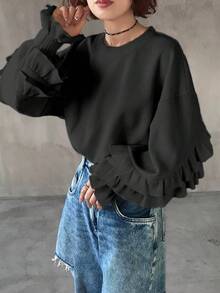 FRIFUL Women's Solid Color High Gram Weight Ribbed Fabric Round Neck Dropped Shoulder Long Sleeve Textured Fabric Cuff Gathered Sleeve Frill Trim Loose Casual Versatile T-Shirt - Black - View 6