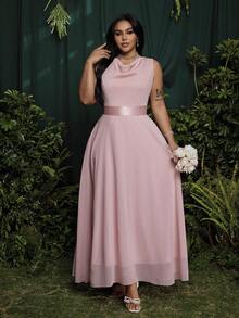 Roveilla 大码优雅纯色圆领无袖连衣裙，夏季 - 粉色 - 查看 8