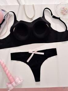 PetitDoll 2件套女士蝴蝶结装饰舒适内衣套装 - 黑色 - 查看 2