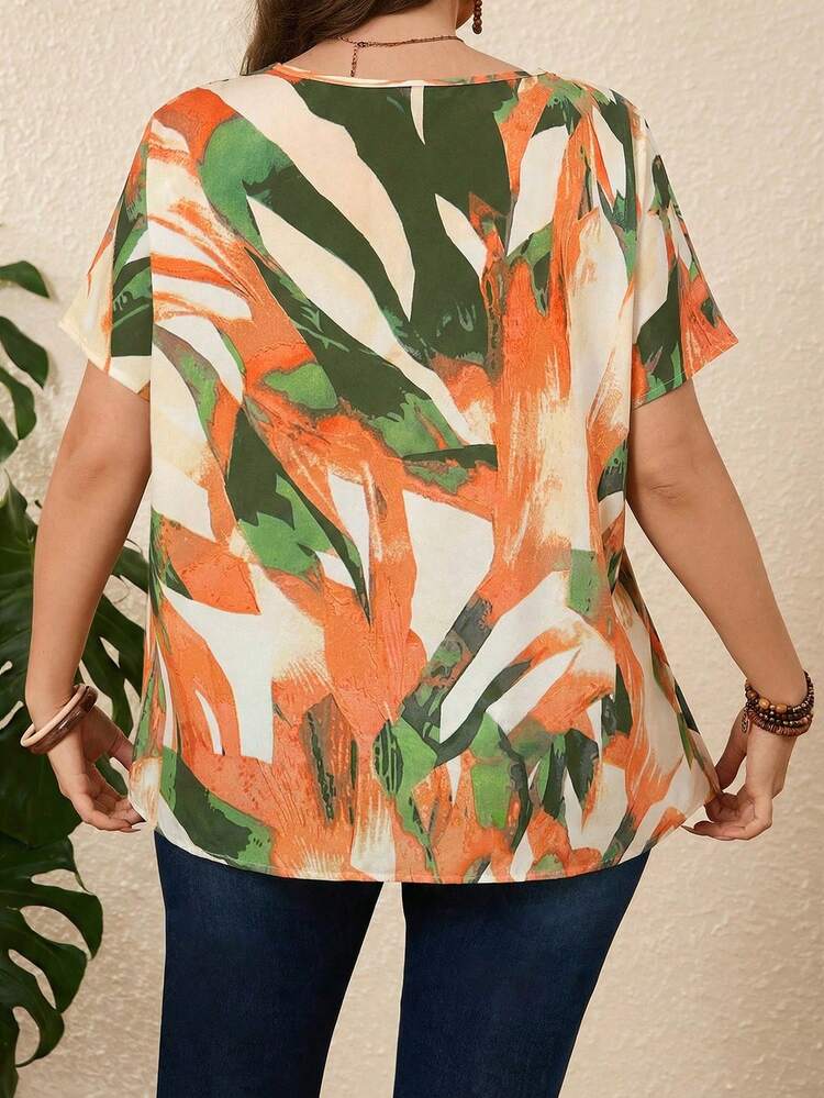Plus Size Allover Print Short Sleeve Casual Vacation Blouse,Boho For Women/Summer,Vacation