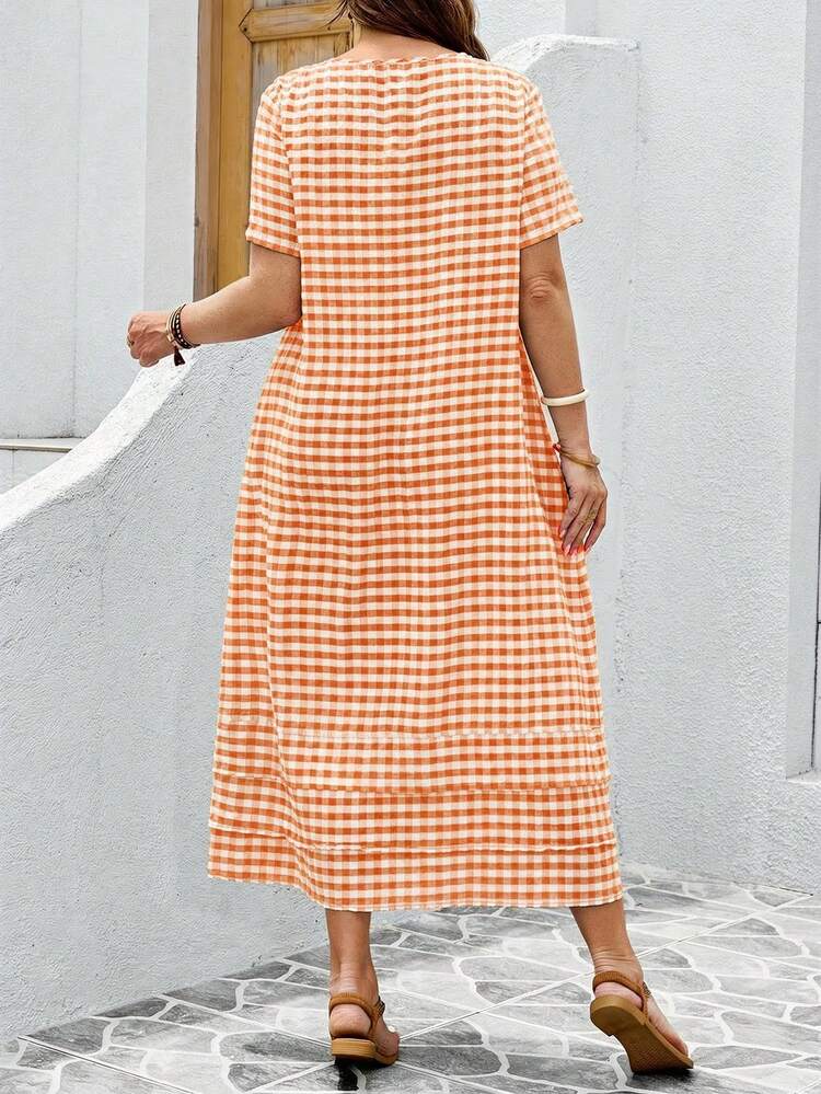Plus Size Women Plaid Round Neck Short Sleeve Casual Loose Dress Picnic Dress For Woman Orange Beach Dress Summer Casual Dress Casual Midi Dress Short Sleeve Summer Dress, Summer Dresses Summer Causal Dress
