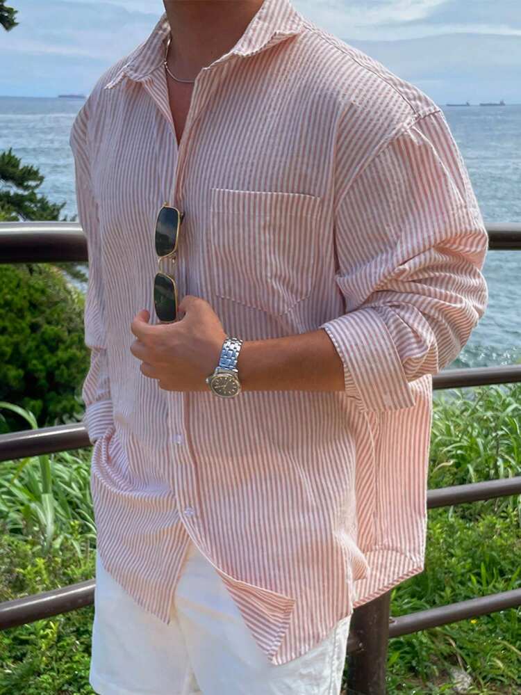 Pink Striped Long Sleeve Shirt For Men, Spring Summer