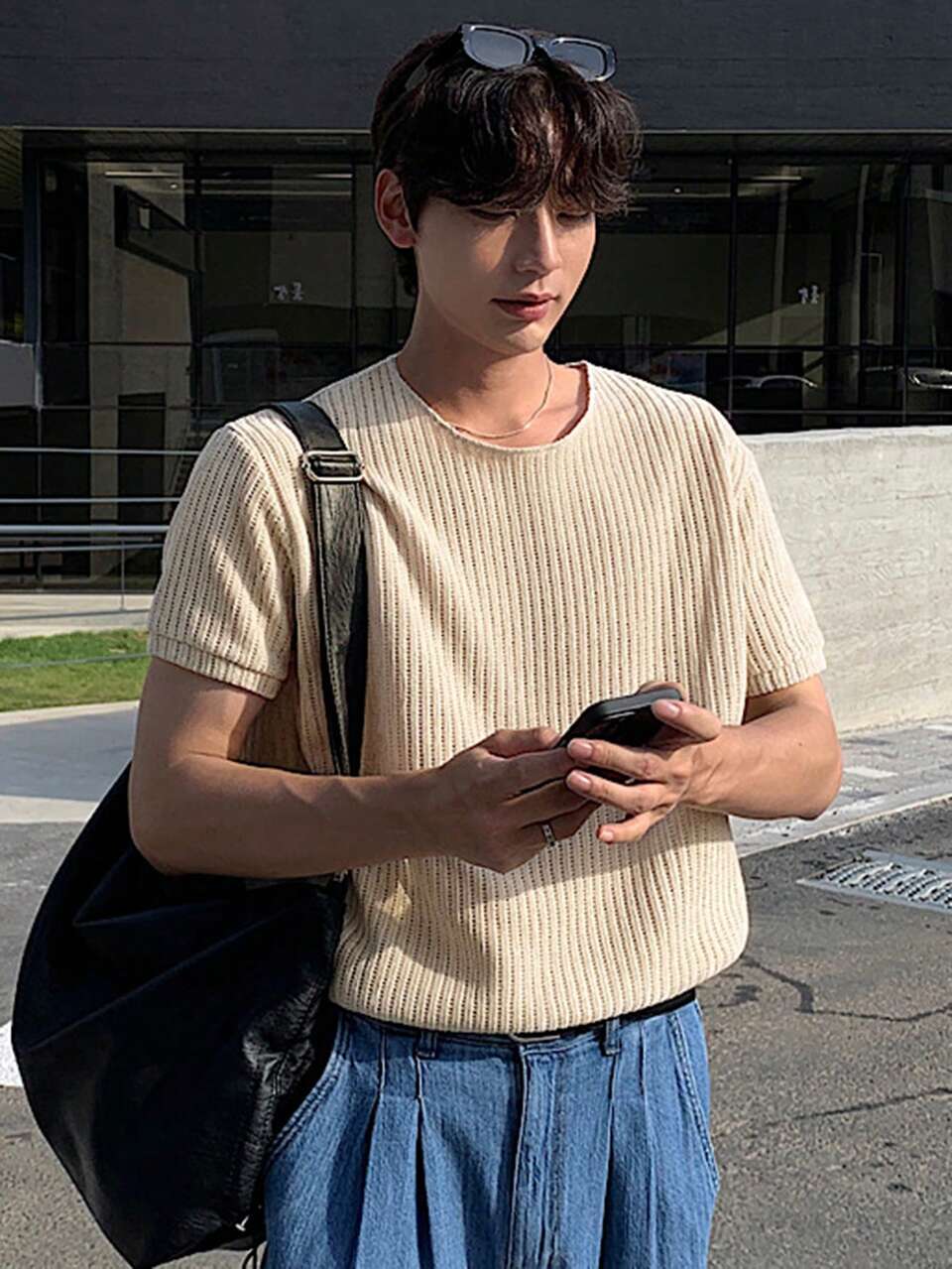 Men's Textured Apricot Short Sleeve T-Shirt, Summer