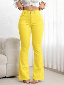 Flexra Women's High Waist Pockets Casual Versatile Flare Leg Jeans - Yellow - View 7