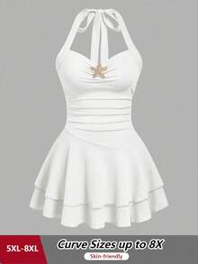 SHEIN CURVE+ Women's All White Summer Cute Silky Beach Party Vacation Dress,Starfish Metal Decor Off-The-Shoulder Spaghetti Strap Ruched Waist Slim Fit Mini Dress - Beige - View 1