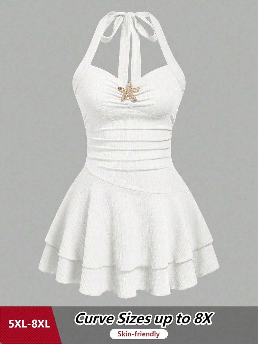 SHEIN CURVE+ Women's All White Summer Cute Silky Beach Party Vacation Dress,Starfish Metal Decor Off-The-Shoulder Spaghetti Strap Ruched Waist Slim Fit Mini Dress - Beige - View 1