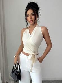 SHEIN Elenzya 1pc Tie Front Crop Halter Top - Apricot - View 5