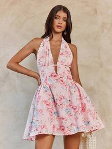 Enchnt Spring/Summer Romantic Women's Pink Floral Print V-Neck Pleated Halter Princess Mini Dress,Sweet&Elegant For Vacation&Date&Holiday&Going Out,Spring Outfit Women - Pink - View 1
