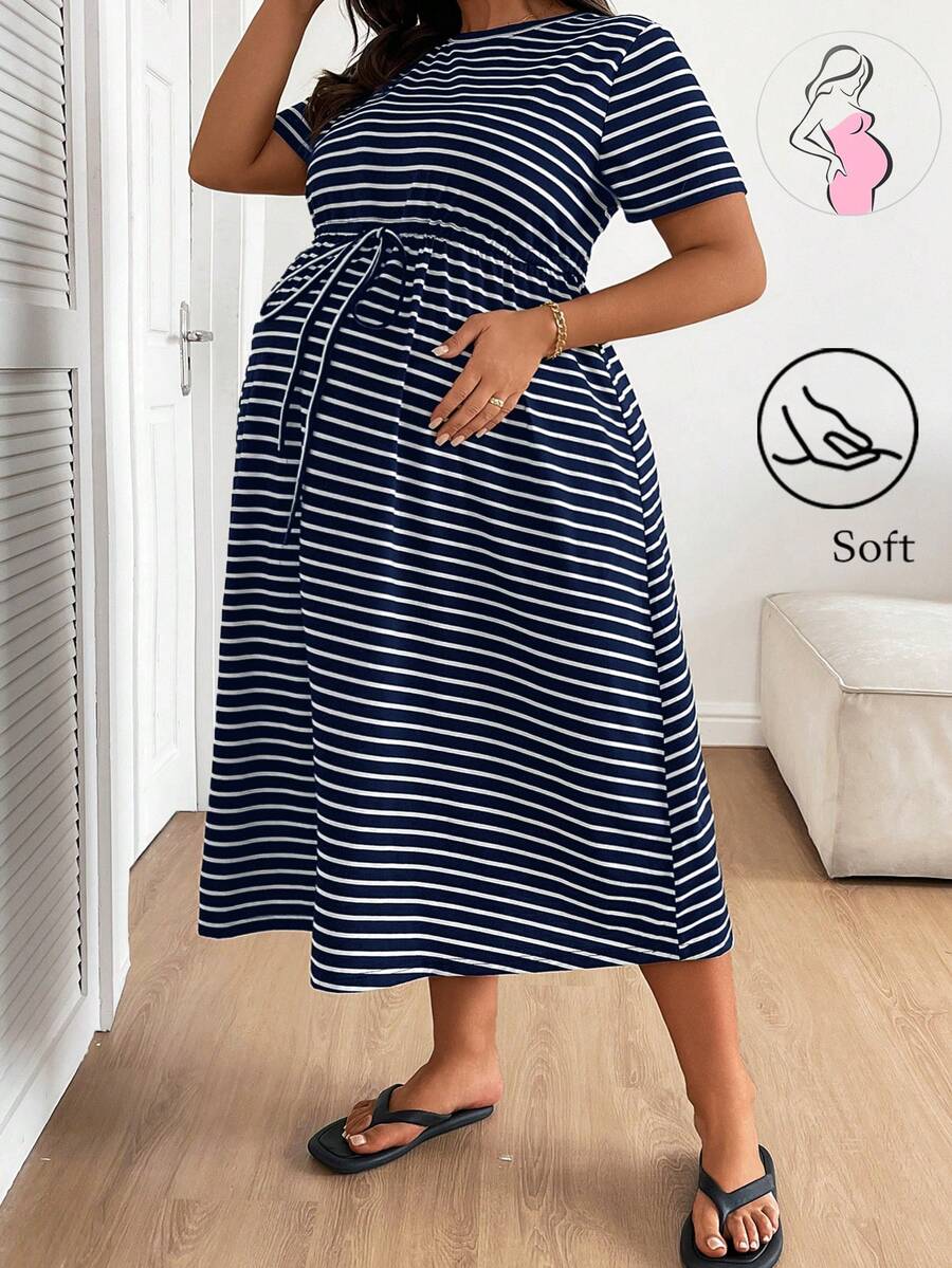 Plussiva Gaun Kasual Longgar Bergaris untuk Ibu Hamil, Ukuran Besar - Royal Blue - View 1