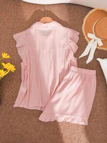 CosyJoli Plus Size Summer Casual Minimalist Front Button Ruffle Trim Top And Shorts 2 Pieces Set, Summer Outfits - Dusty Pink - View 2