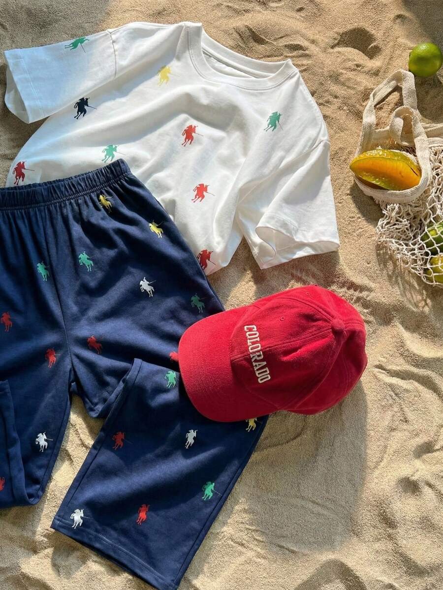 Tween Girls' Summer 2 Pieces Set: White Short-Sleeve T-Shirt And Navy Blue Wide-Leg Pants Set. - Blue and White - View 1