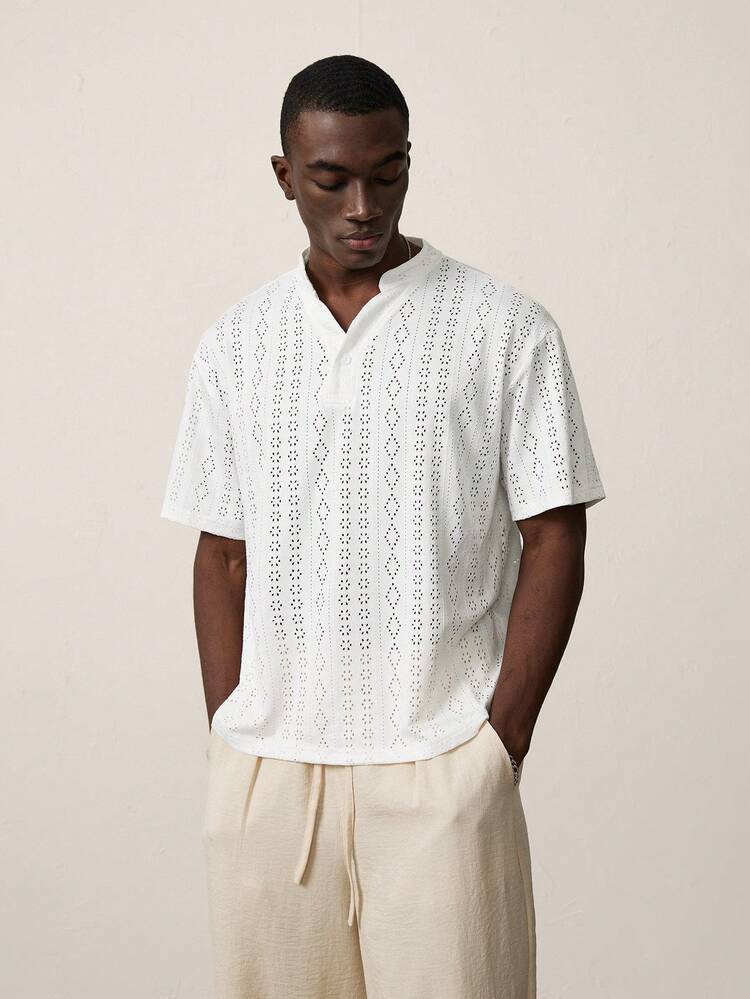 STYNVO 男士V领纯色休闲百搭日常短袖衬衫 - 白色 - 查看 5