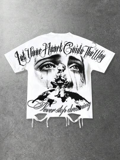 ROMWE MEN Street Life 男士街头风蝙蝠袖印花T恤，适合日常穿着，春夏款