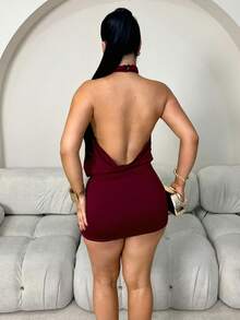 Dayanna Comas Solid Color Halter Backless Ruffle Bodycon Mini Dress Short Red Dress Dark Red Dress Red Wine Dress Burgundy Dress Party - Burgundy - View 2
