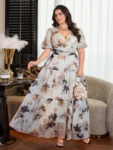 Modelyn Plus Size Women V-Neck Floral Print Ruched Waist Elegant Party Dress - Apricot - View 5