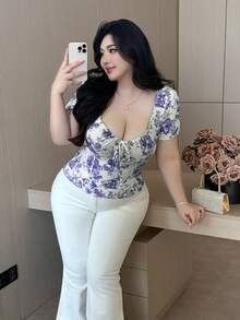 Vibekara Plus Size Graphic Print Ribbed Slim Fit Drawstring Short Sleeve T-Shirt Cleavage Top - Multicolor - View 3