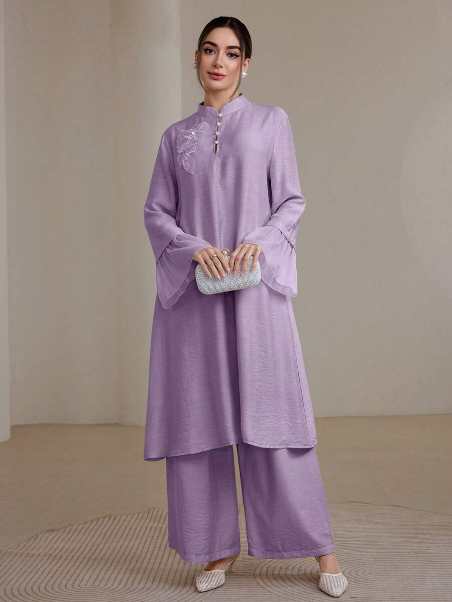 Graceveil 2pcs/Set Women Elegant Stand Collar Ruffle Cuff Long Sleeve Set Modest - Purple - View 1