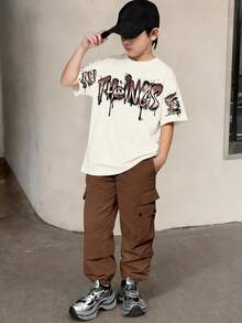 SHEIN 男童舒适休闲宽松T恤套装（2件套），包含T恤和直筒裤，适合日常、运动和户外活动穿着。 - 杏色 - 查看 1