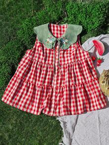 Sweetra Áo sơ mi không tay cổ Peter Pan kẻ caro đỏ trắng cỡ lớn mùa hè dễ thương - Đỏ - Xem 5