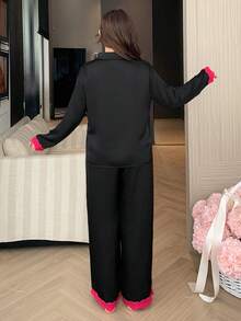 Dazy Plus Plus Size Lace Patchwork Front Button Long Sleeve Top And Pants Pajama Set - Black - View 2