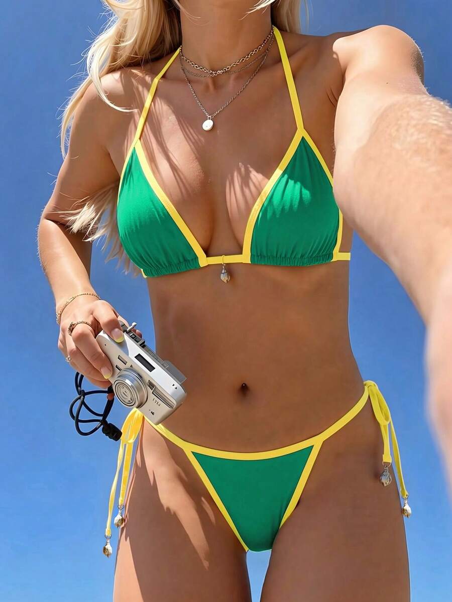 Swim Mod 2pcs/Set Women's Green Summer Gay Beach Holiday Swimwear,Contrast Shell Decor Halter Backless Triangle Top&Side Tie Bikini Bottom Resort Party Outfit - Multicolor - View 1